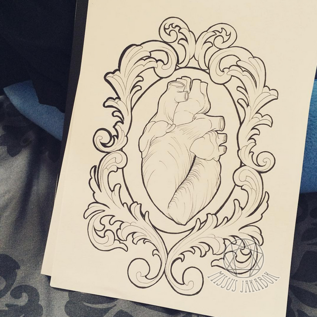 634x634 Anatomical Heart In Filigree Frame Tattoo Design By Missus Jakabok - Frame Tattoo Sketch
