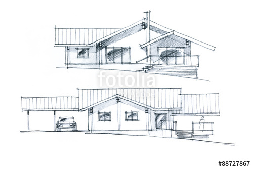 500x334 Hand Drawing Of A House Plan With Stairs And Parking Place In Two - Free House Sketch
