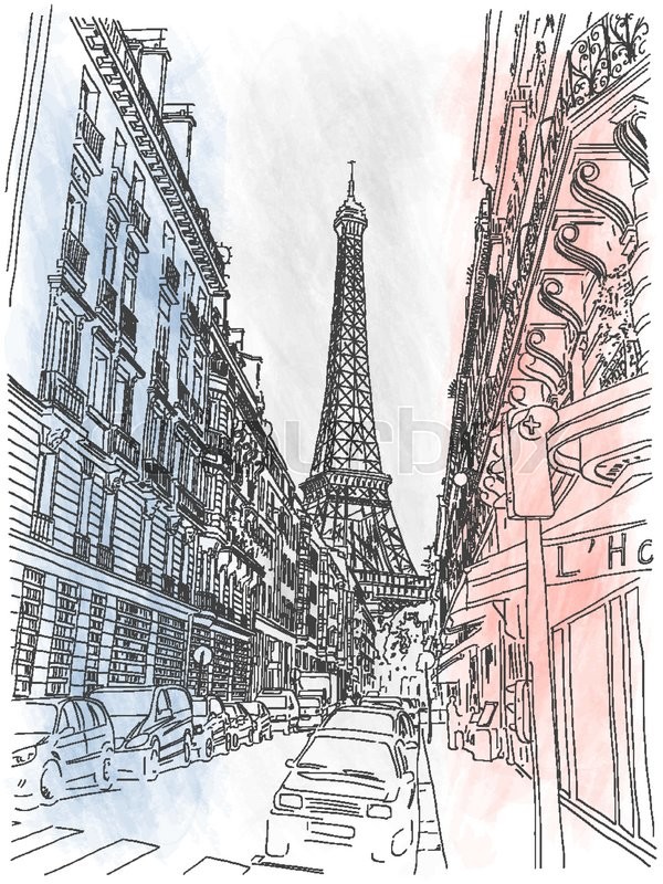 600x800 Street Of The City Of Paris And View On Eiffel Tower On The - French Flag Sketch