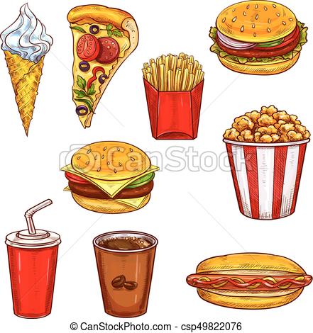 441x470 Fast Food Sketch Set With Burger, Drink, Dessert. Fast Food Lunch - French Fries Sketch