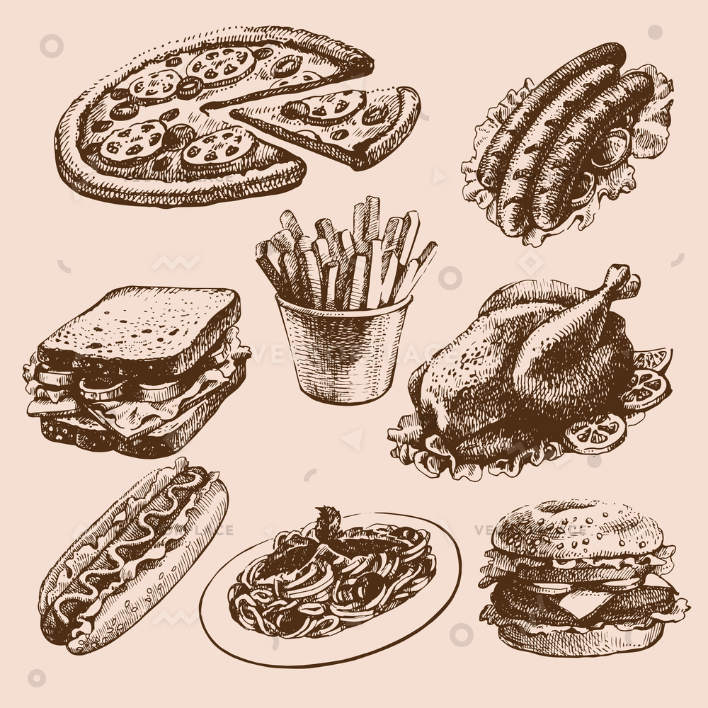 1000x1000 Sketch Fast Food Set Pizza Grilled Vector Illustration 63902 - French Fries Sketch