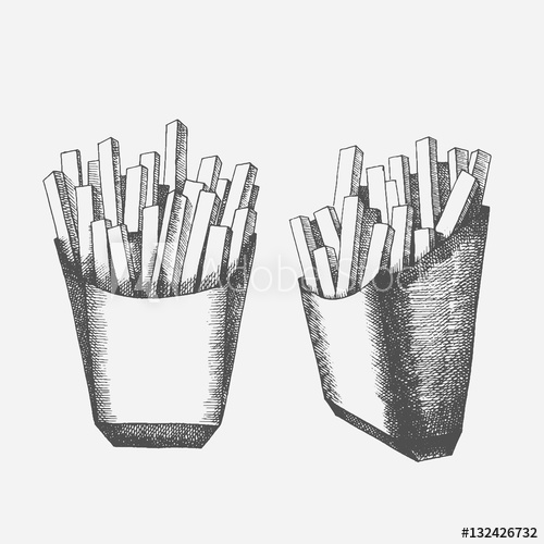 500x500 Fast Food Set With French Fries. Sketch, Engraving, Hatching - French Fries Sketch