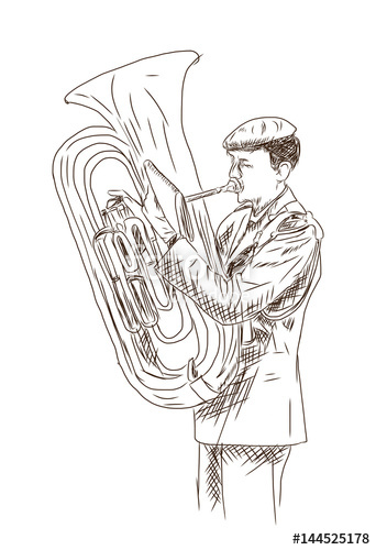 342x500 Hand Drawn Sketch Of Person Playing French Horn In Vector - French Horn Sketch