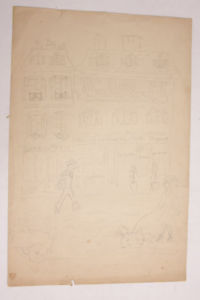 200x300 French Pencil Sketch Street Scene Poodle Cart Smoking House 12x18 - French Poodle Sketch