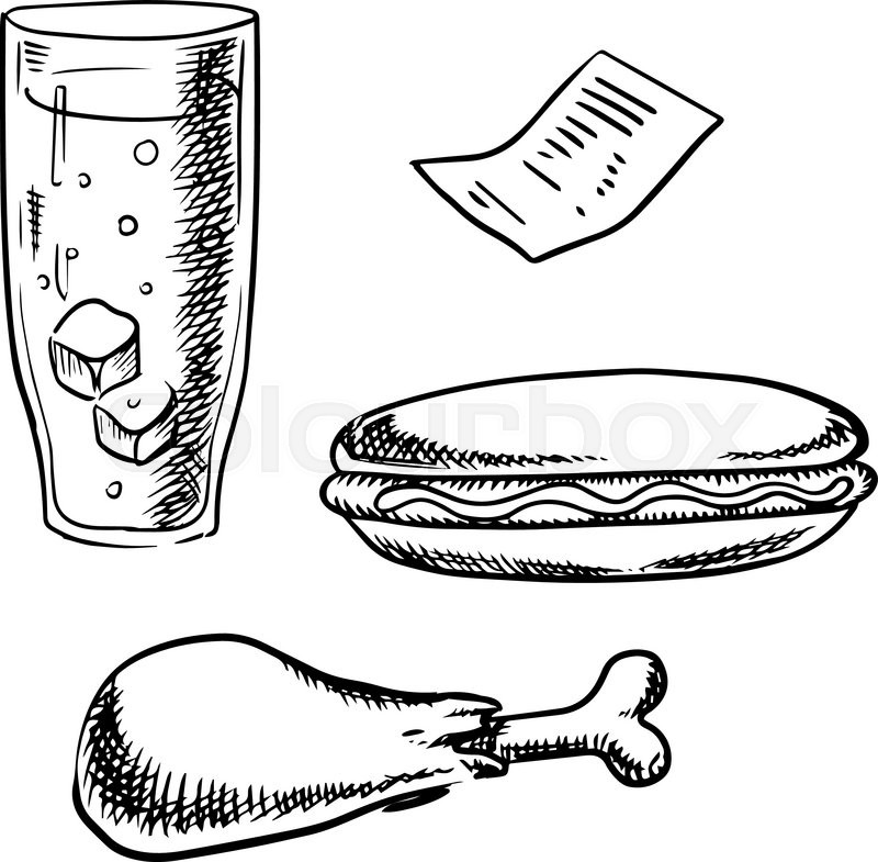 800x785 Fast Food Hot Dog, Fried Chicken Leg, Soda With Ice In Tall Glass - Fried Chicken Sketch