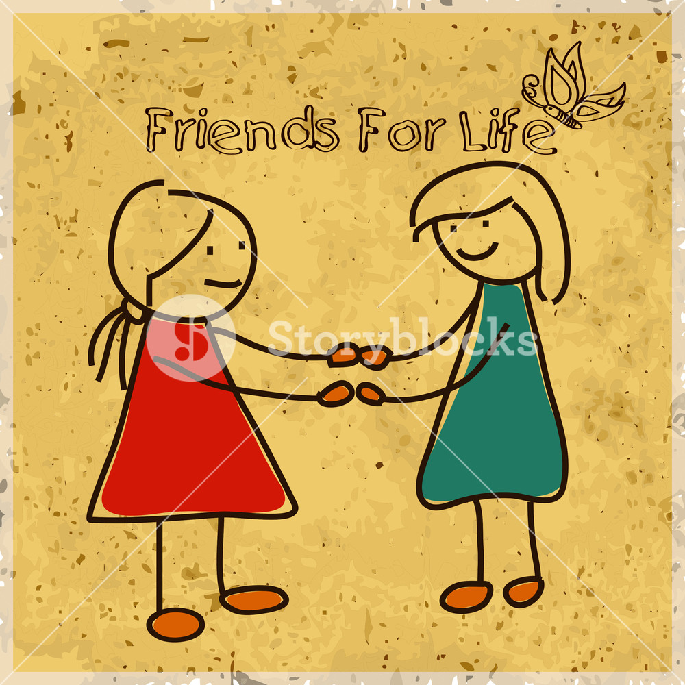 1000x1000 Happy Friendship Day Background With Sketch Of Little Girls - Friendship Day Sketch