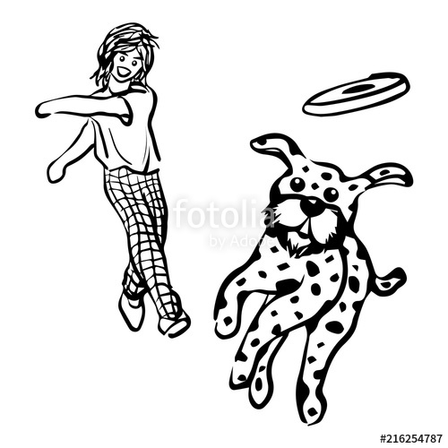 500x500 Man And Dog Play Catching Frisbee Vector Illustration Hand Drawing - Frisbee Sketch