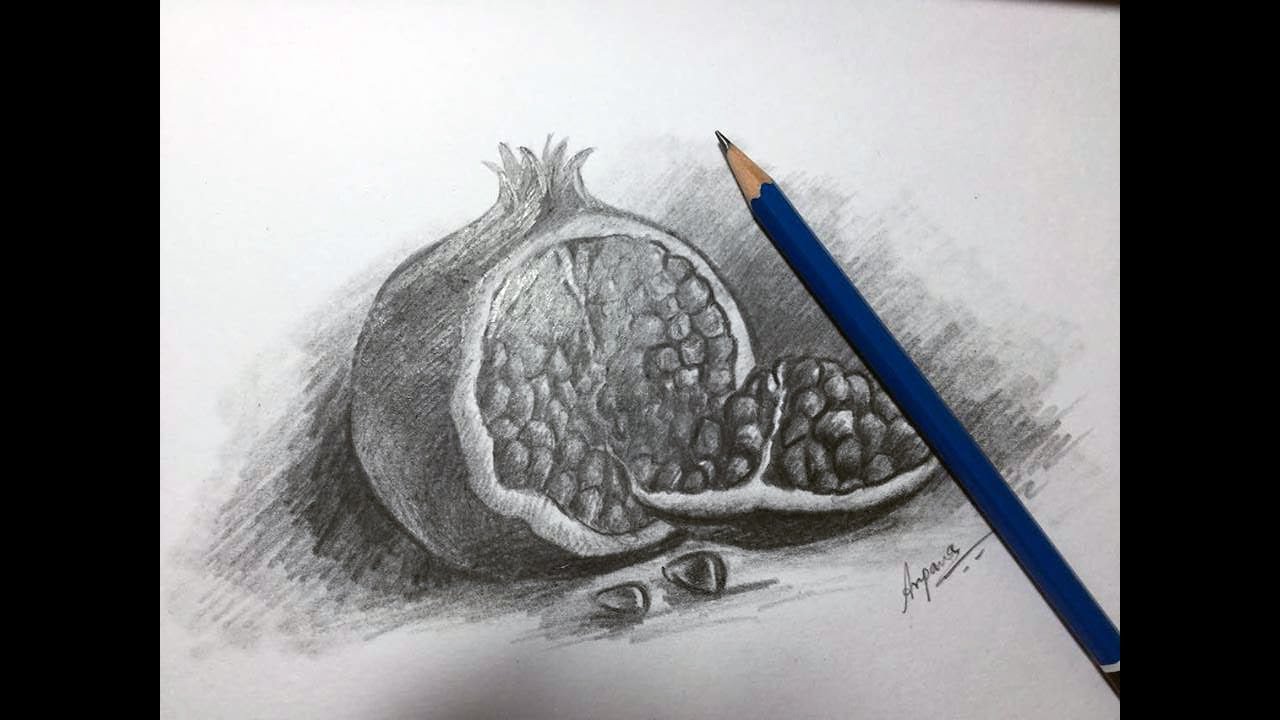 1280x720 Fruit Sketch How To Draw Pomegranate Graphite And Charcoal - Fruit Sketch