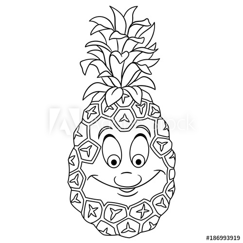 500x500 Coloring Book. Coloring Page. Cartoon Pineapple Character. Happy - Fruit Sketch Drawing