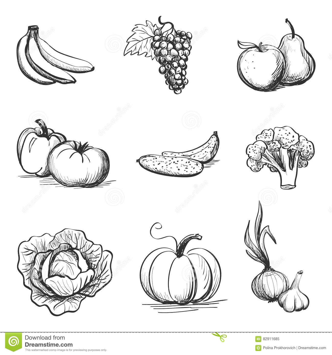 Эскизы фруктов и овощей