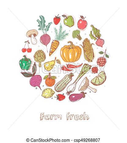 416x470 Card With Doodle Fruits And Vegetables On White Background. Vector - Fruits And Vegetables Sketch