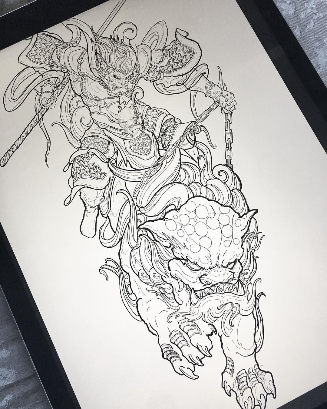 1080x1349 Work In Progress! Monkey King Riding Foo Dog Leg Sleeve - Fu Dog Sketch