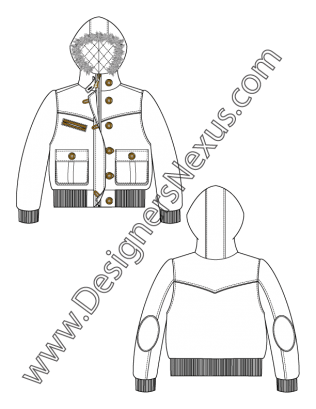 316x409 Jacket Flat Sketch V7 Fur Trim Hooded Puffer Coat With Funnel - Funnel Sketch