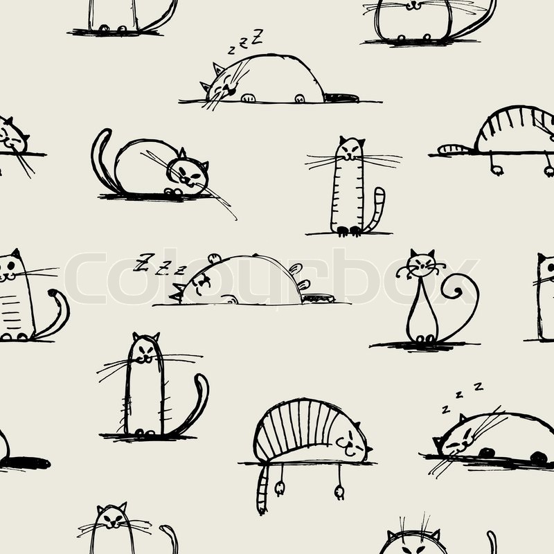 800x800 Funny Cats Sketch, Seamless Pattern For Your Design Stock Vector - Funny Cat Sketch