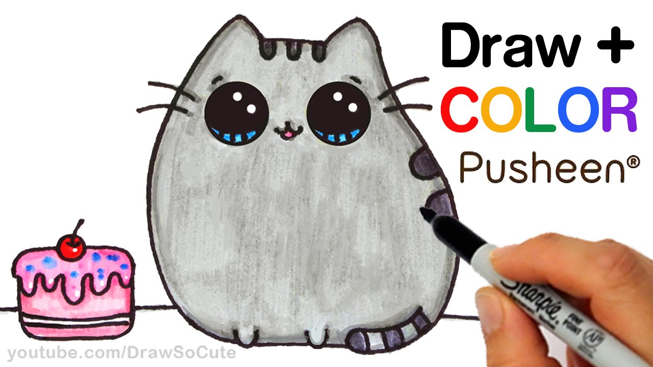 1280x720 How To Draw + Color Pusheen Cat Step By Step Easy Cute Cartoon Cat - Funny Cat Sketch