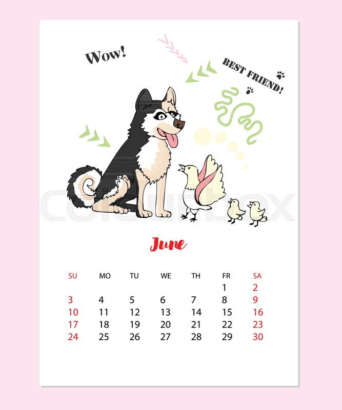 667x800 June Calendar 2018 With Funny Husky Dog Sketch. Hand Drawn Animals - Funny Dog Sketch