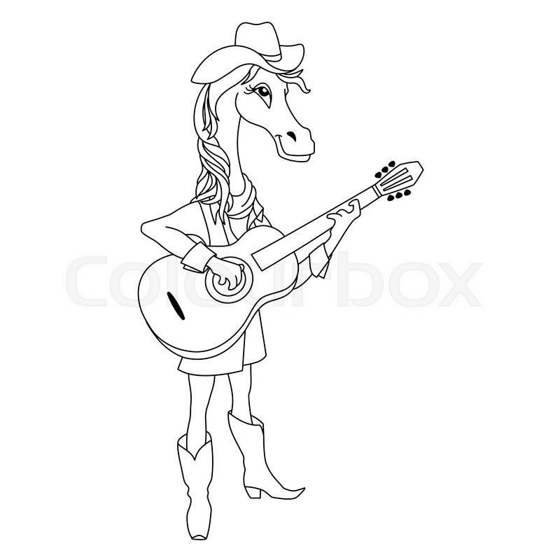 800x800 Musician Funny Horse Plays Guitar. Cartoon Outline Illustration Of - Funny Horse Sketches