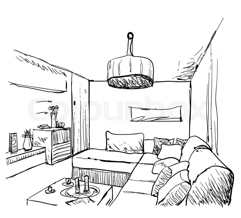 800x724 Hand Drawn Room Interior Sketch. Furniture Sketch Stock Vector - Furniture Sketch