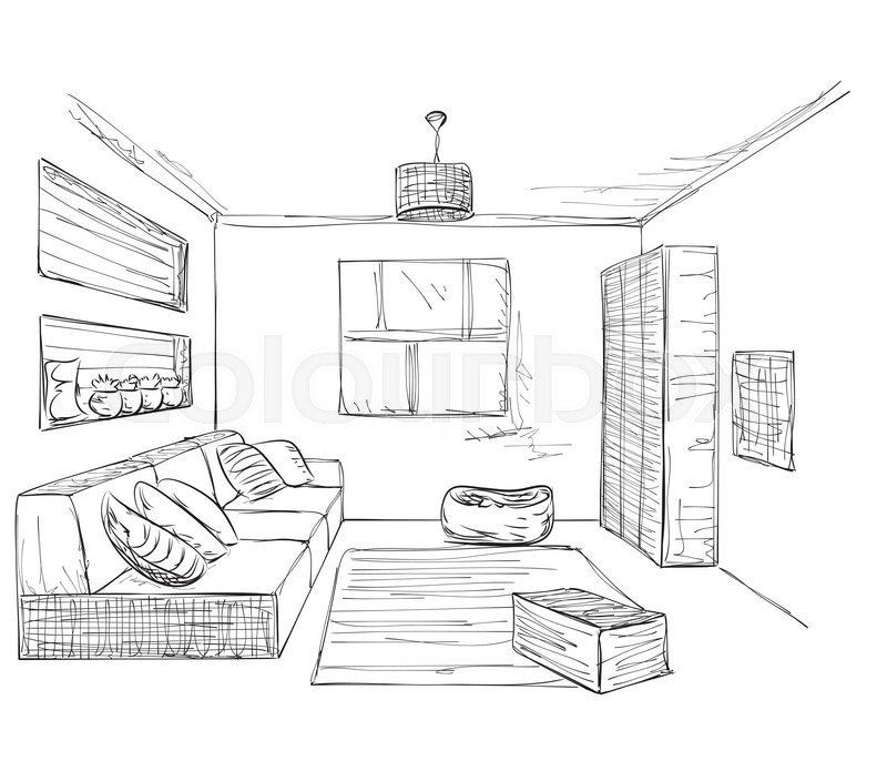 800x686 Hand Drawn Room Interior. Sofa And Furniture Sketch. Stock - Furniture Sketch
