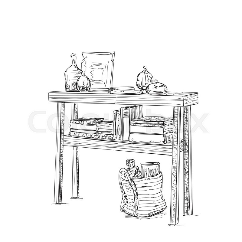 800x800 Hand Drawn Table, Dishes And Books. Furniture Sketch. Interior For - Furniture Sketch