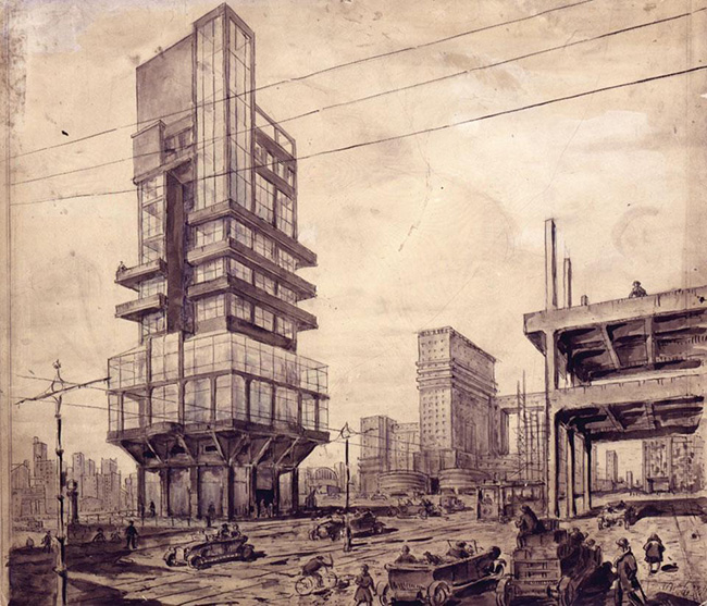 650x557 Lev Rudnev, City Of The Future, 1927 Mathew Borrett - Future City Sketch