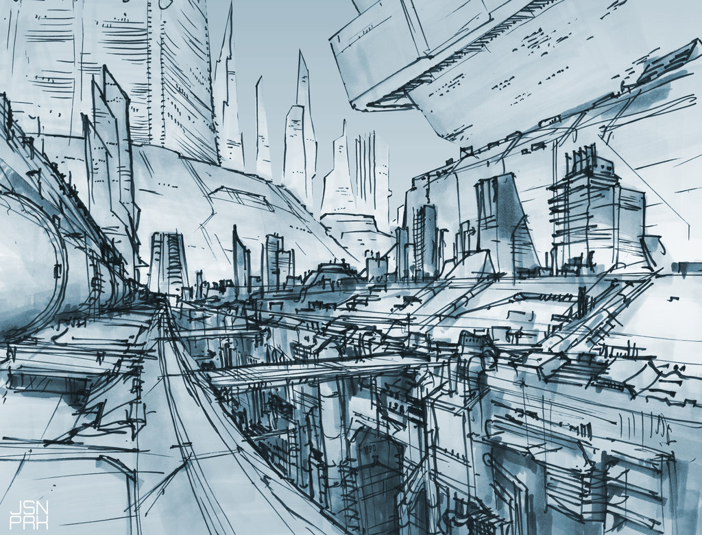 1024x781 Future Buildings Sketch By Orangehexagon - Future City Sketch
