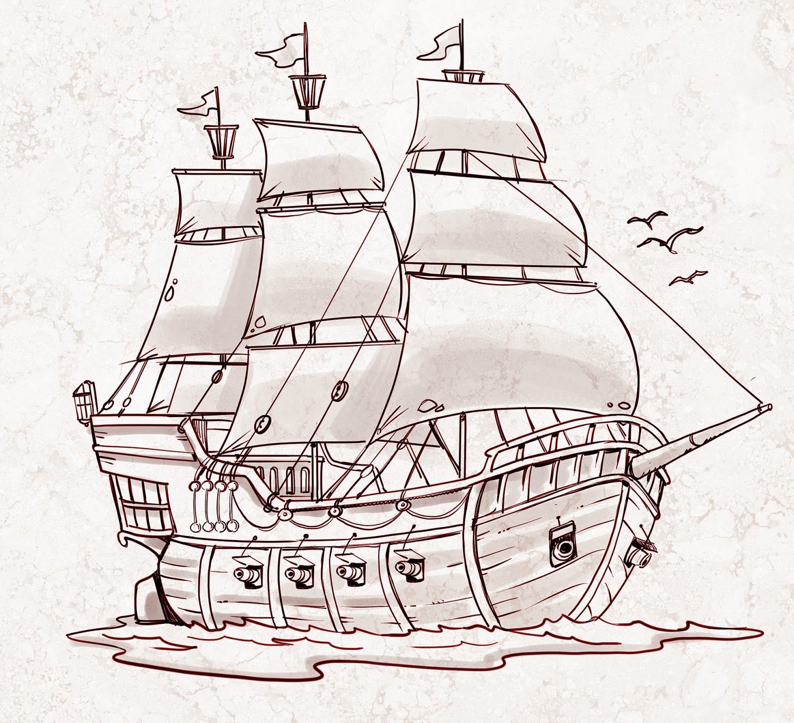1600x1458 Pirate Ship - Galleon Sketch