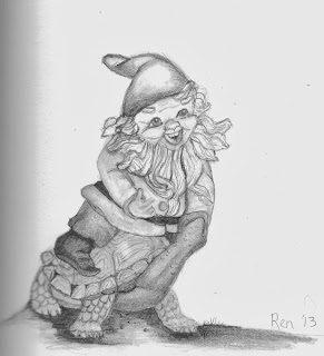 291x320 Little Garden Gnome Riding A Turtle Pencil Drawing From The Pages - Garden Gnome Sketch