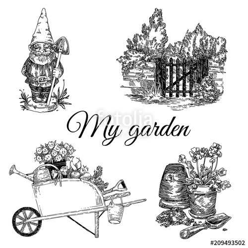 500x500 Vintage Garden Set. Figure Gnome, Wooden Gate, Pot With Flower And - Garden Gnome Sketch
