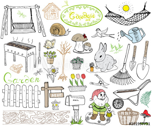 500x417 Garden Set Doodles Elements. Hand Drawn Sketch With Gardening - Garden Tools Sketch