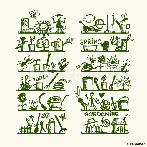 500x500 Garden Tools On Shelves, Sketch For Your Design - Garden Tools Sketch