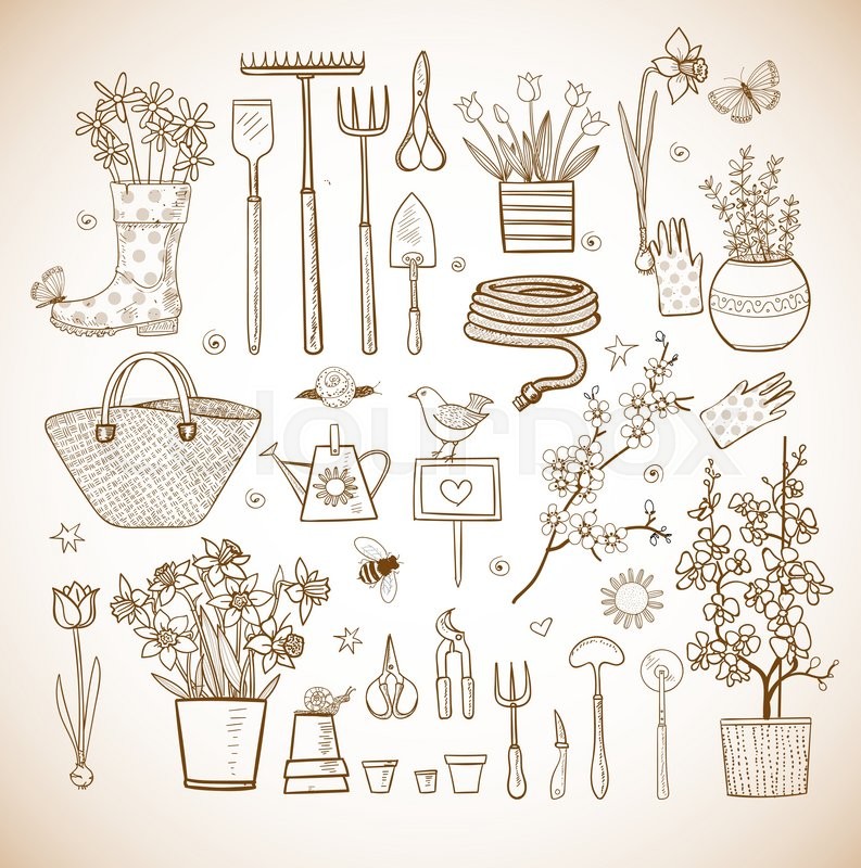 793x800 Big Set Of Hand Drawn Sketch Garden Elements - Garden Tools Sketch