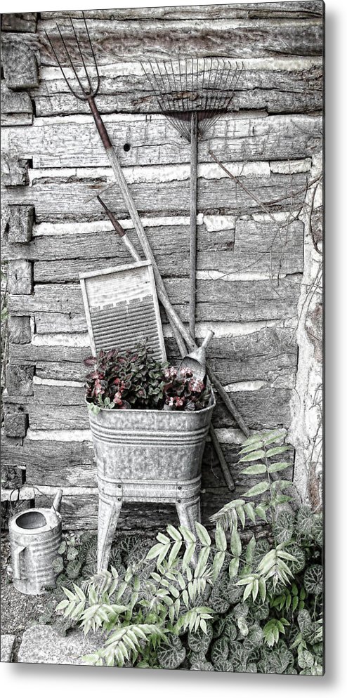 494x994 Old Wash Tub With Flowers And Garden Tools Sketch Metal Print By - Garden Tools Sketch