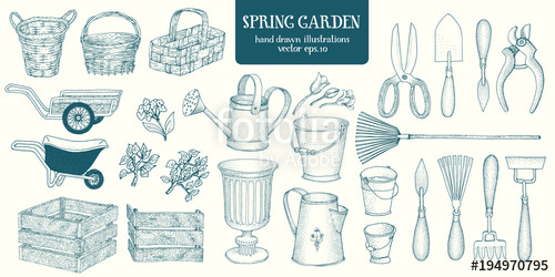 500x250 Big Set Of Hand Drawn Sketch Garden Elements. Gardening Tools - Garden Tools Sketch