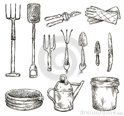 400x375 Set Of Gardening Tools Drawings, Vector Illustrations Art - Garden Tools Sketch