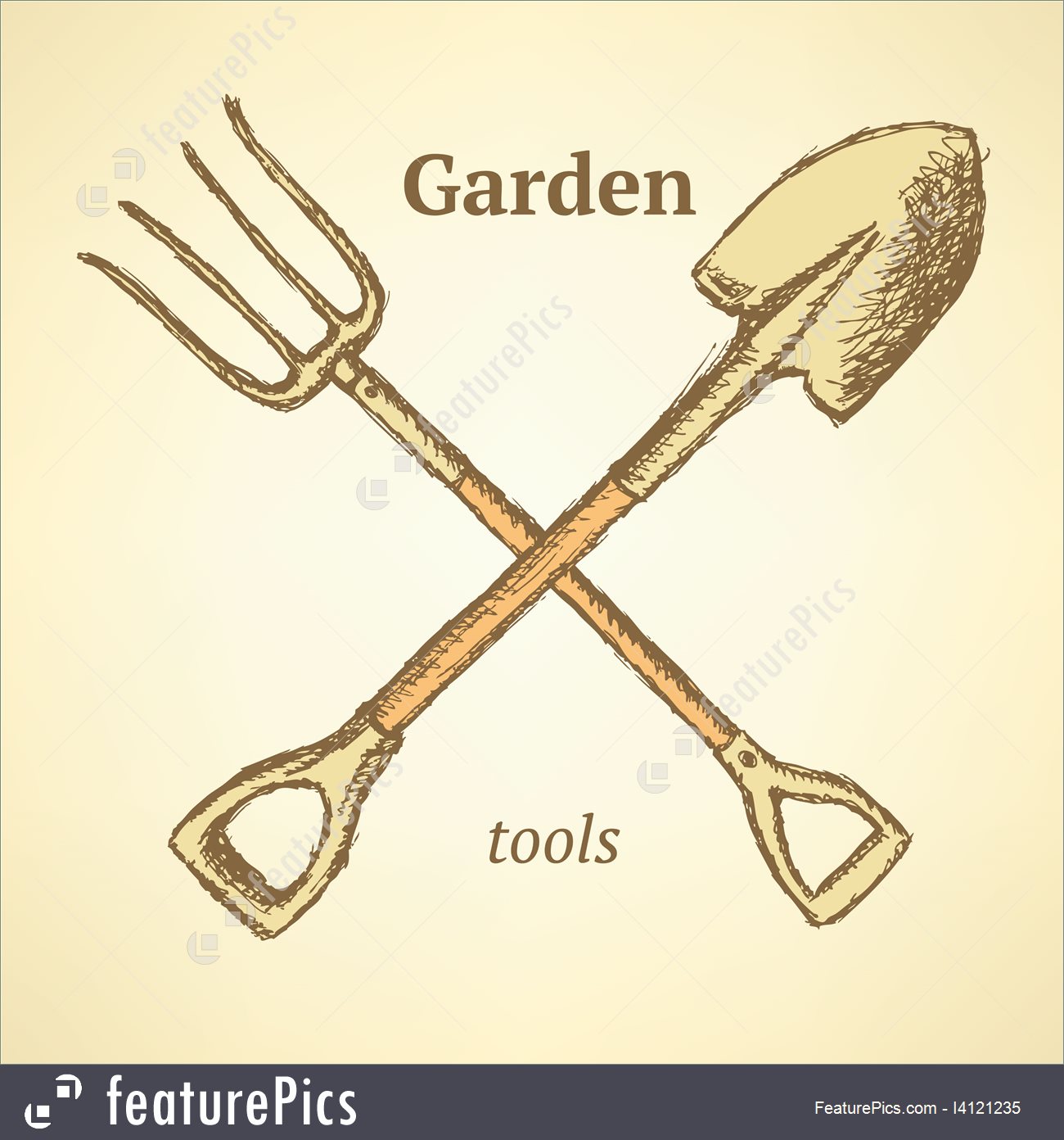 1300x1392 Garden Fork And Shovel, Background In Sketch Style - Garden Tools Sketch