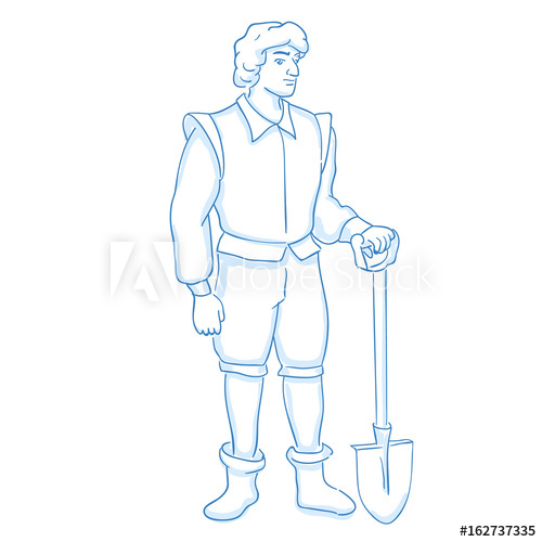 500x500 Medieval Peasant With Spade. Gardener. Line Sketch. Stock Vector - Gardener Sketch
