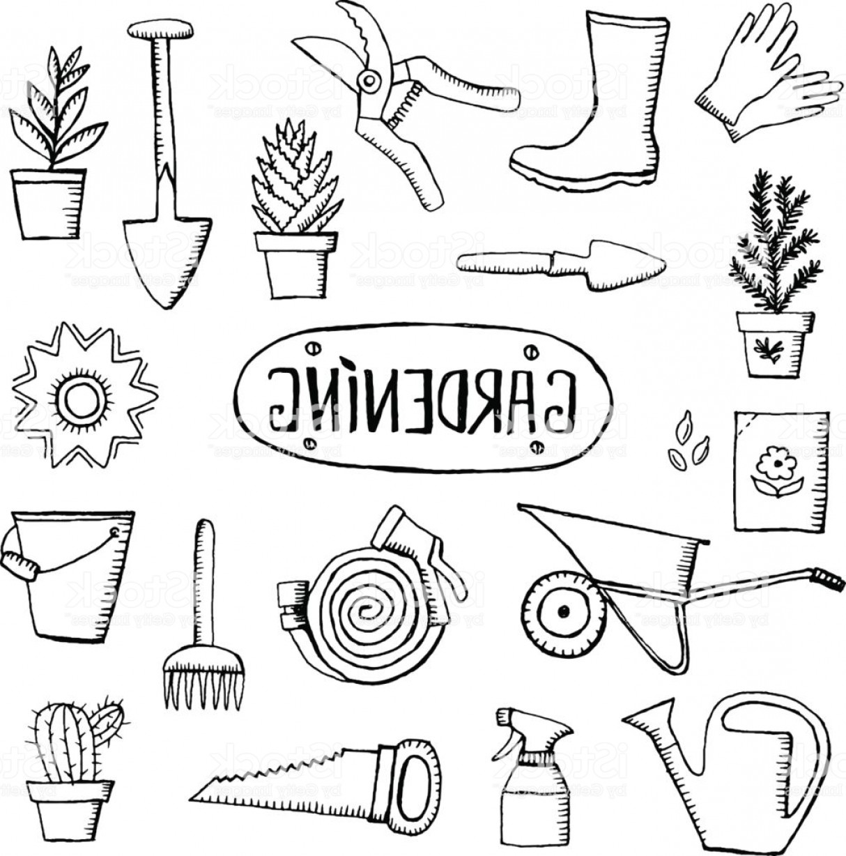 1214x1228 Hand Drawn Vector Garden Icon Set Vintage Sketch Set Of Hand Drawn - Gardening Tools Sketch