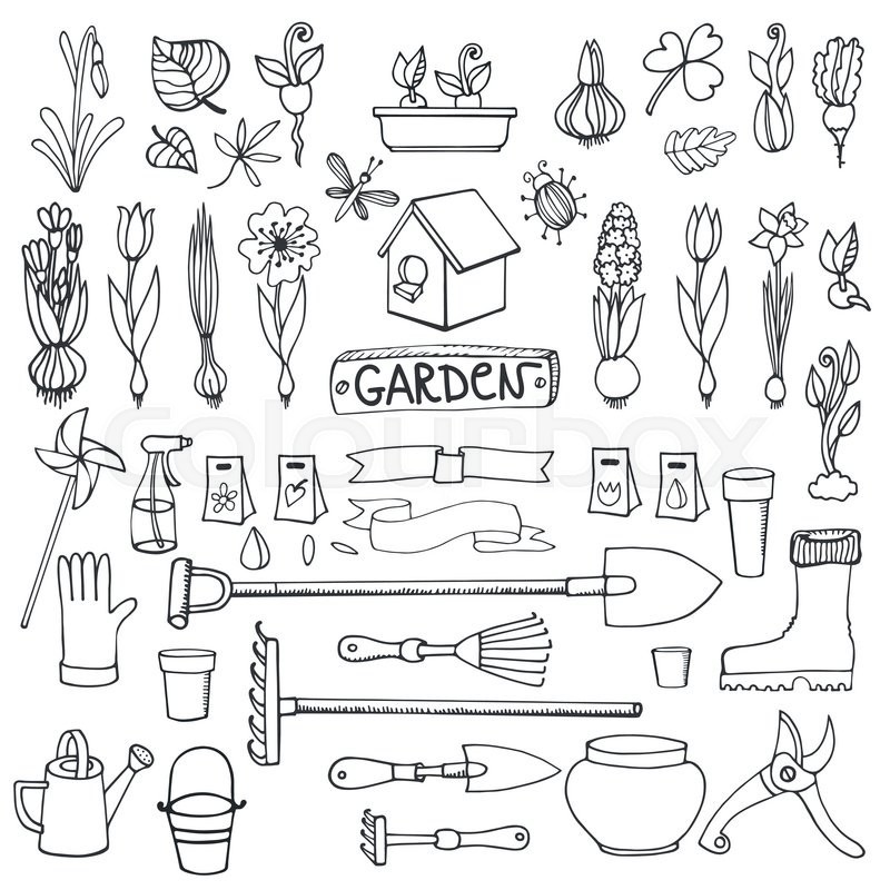 800x800 Spring Garden Set.hand Drawn Flowers,bulb, Garden Tool,boarding - Gardening Tools Sketch