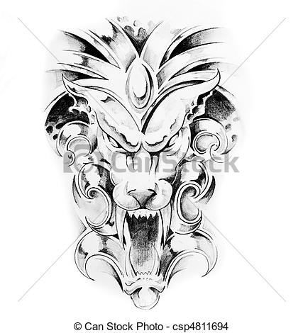 427x470 Sketch Of Tattoo Art, Gargoyle. - Gargoyle Sketch