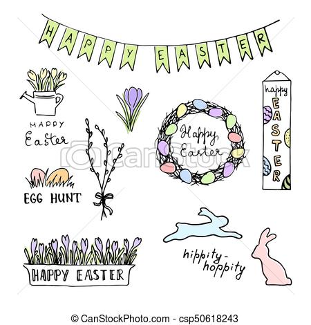 450x470 Happy Easter Colored Sketch With Eggs, Rabbits, Flowers, Lettering - Garland Sketch