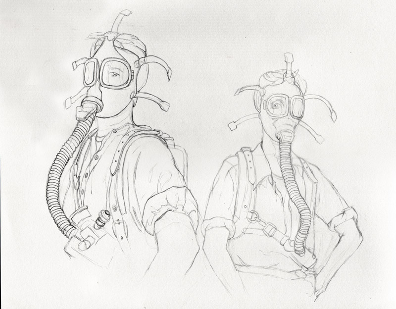 800x624 Sketch Of Women In Gas Masks Greg Tatum - Gas Mask Sketch