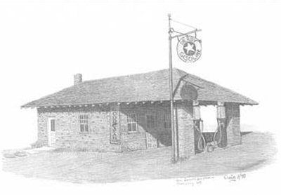 400x278 Old Time Derby Gas Station Pencil Sketch - Gas Pump Sketch