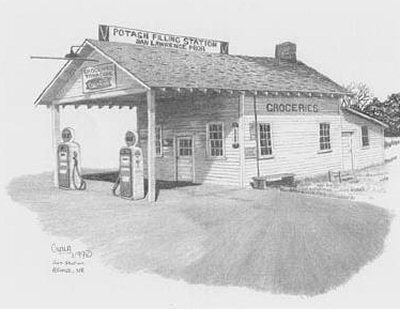 400x309 Old Time Gas Station Pencil Sketch - Gas Station Sketch