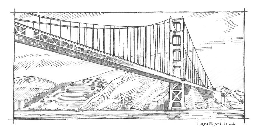 900x472 Golden Gate Bridge Sketch Mixed Media By Tom Taneyhill - Gate Sketch