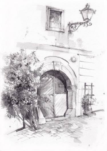 375x528 The Gate Of Old House Drawing By Roman Saatchi Art - Gate Sketch