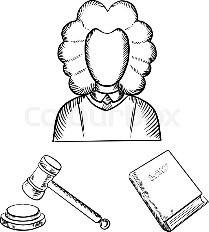 722x800 Judge In Traditional Mantle And Wig, Gavel And Law Book Icons In - Gavel Sketch