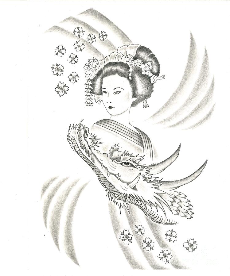749x900 Geisha Girl With Dragon Drawing By Glenn Strickland - Geisha Girl Sketch