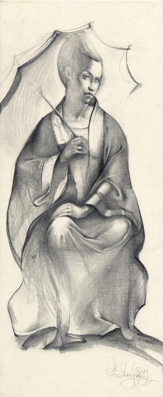 570x1383 Geisha Pencil Drawing Original Woman Drawing Geisha Etsy - Geisha Girl Sketch