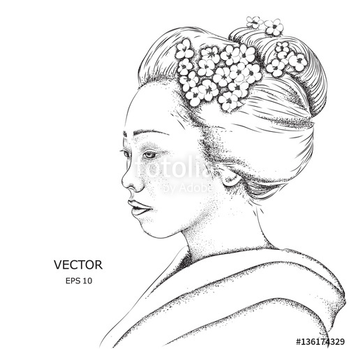 500x500 Japanese Girl In Traditional Clothing. Geisha. Vector Illustration - Geisha Girl Sketch